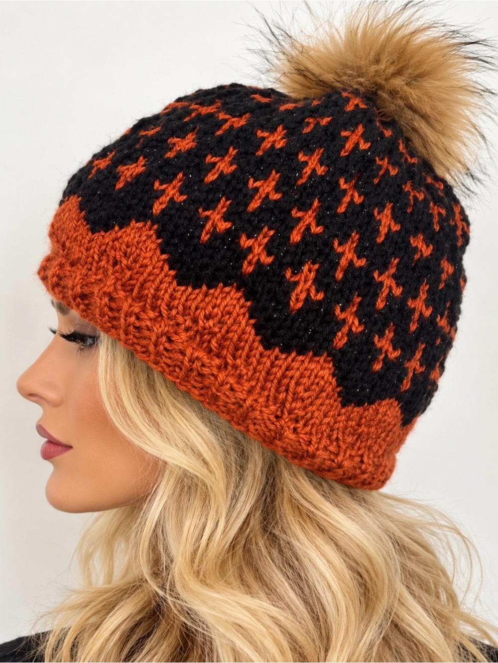 Hand Knits 2 Love Beanie Hat Cap Fair-isle Faux Fur Pom Pom Designer Black Coppe